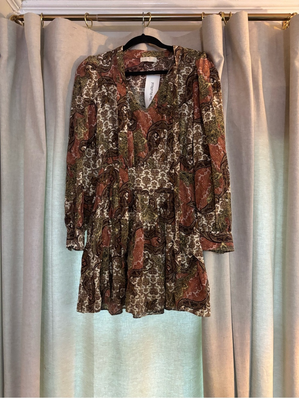 Ulla Johnson Long-Sleeve Paisley Tiered Mini Dress - Rust Green Cream